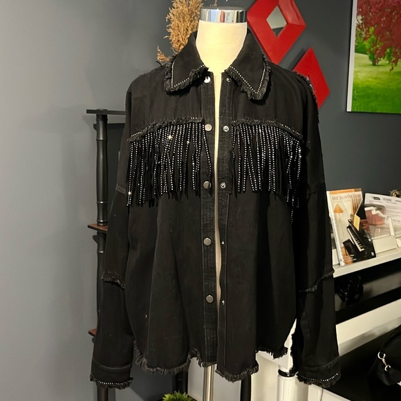 Zara black denim fringe rhinestone jacket size XS - Picture 3 of 12